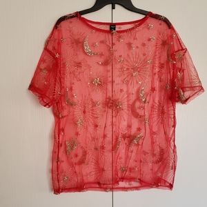 SHEIN Red Galaxy Print Mesh Top